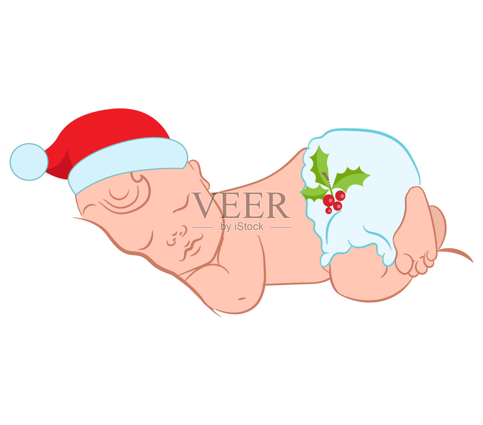圣诞快乐宝贝。新生男孩或女孩，矢量卡通人物。有睡着的宝宝的圣诞卡。插画图片素材