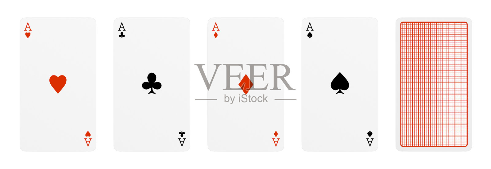 5张扑克牌的3d渲染，其中4张是不同的a，一张翻开了。照片摄影图片