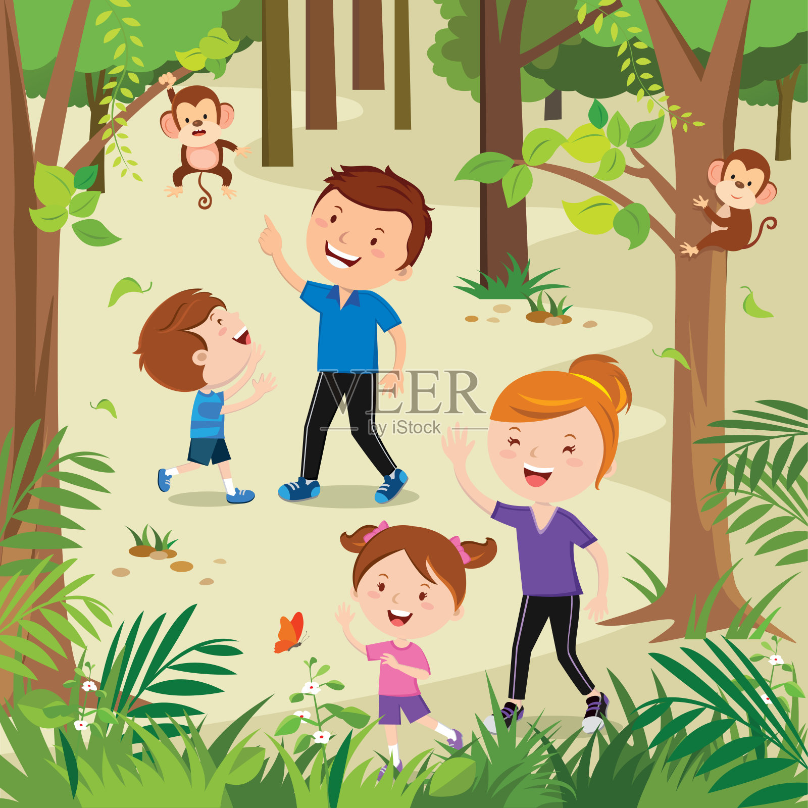 快乐的小家庭在森林里徒步旅行插画图片素材