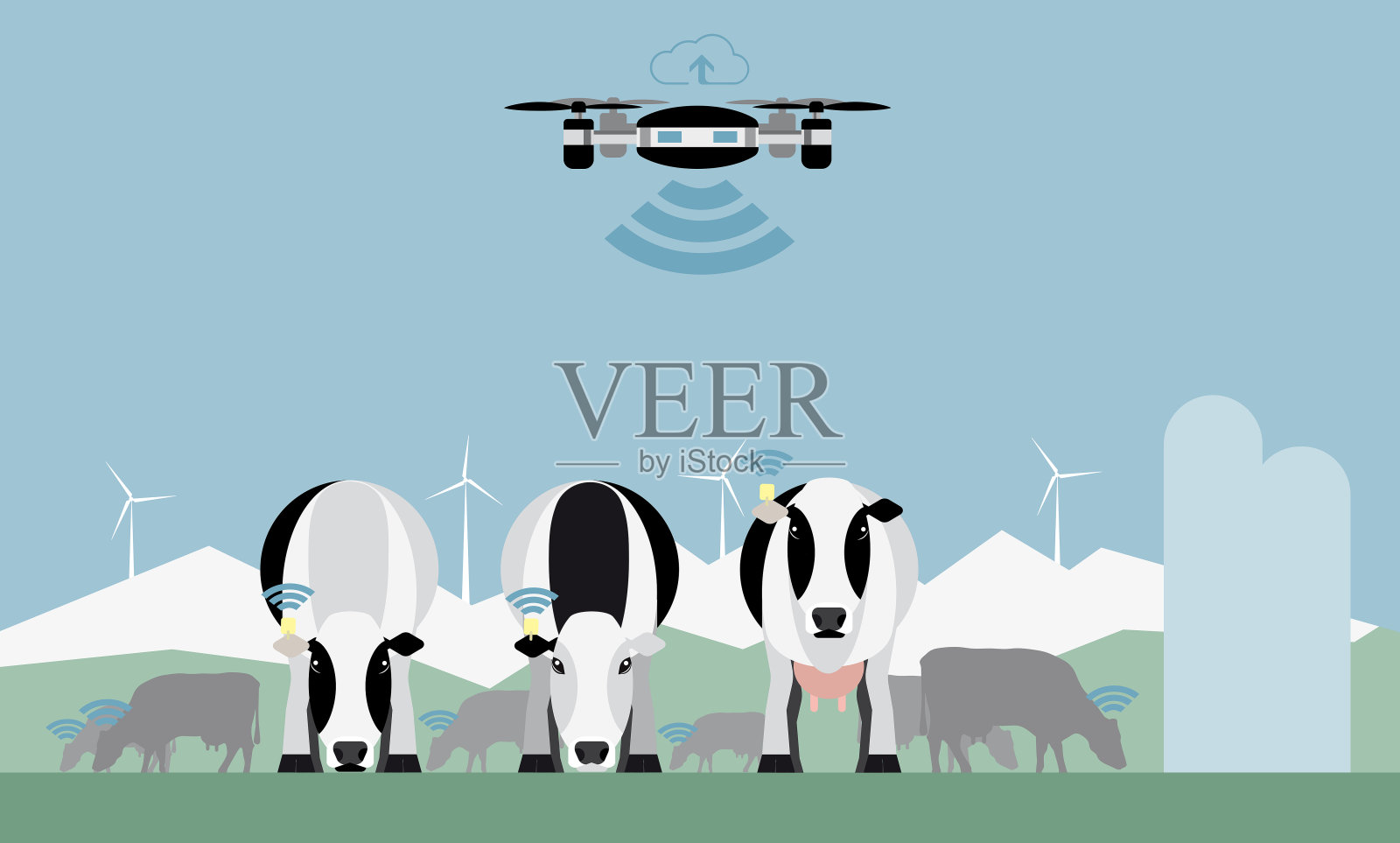 无人机数奶牛。机器人的牧羊人。插画图片素材