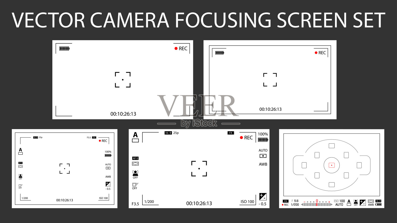 现代相机对焦屏幕设置为5合一包-数码，无反光镜，单反。白色取景器相机记录孤立。矢量图插画图片素材