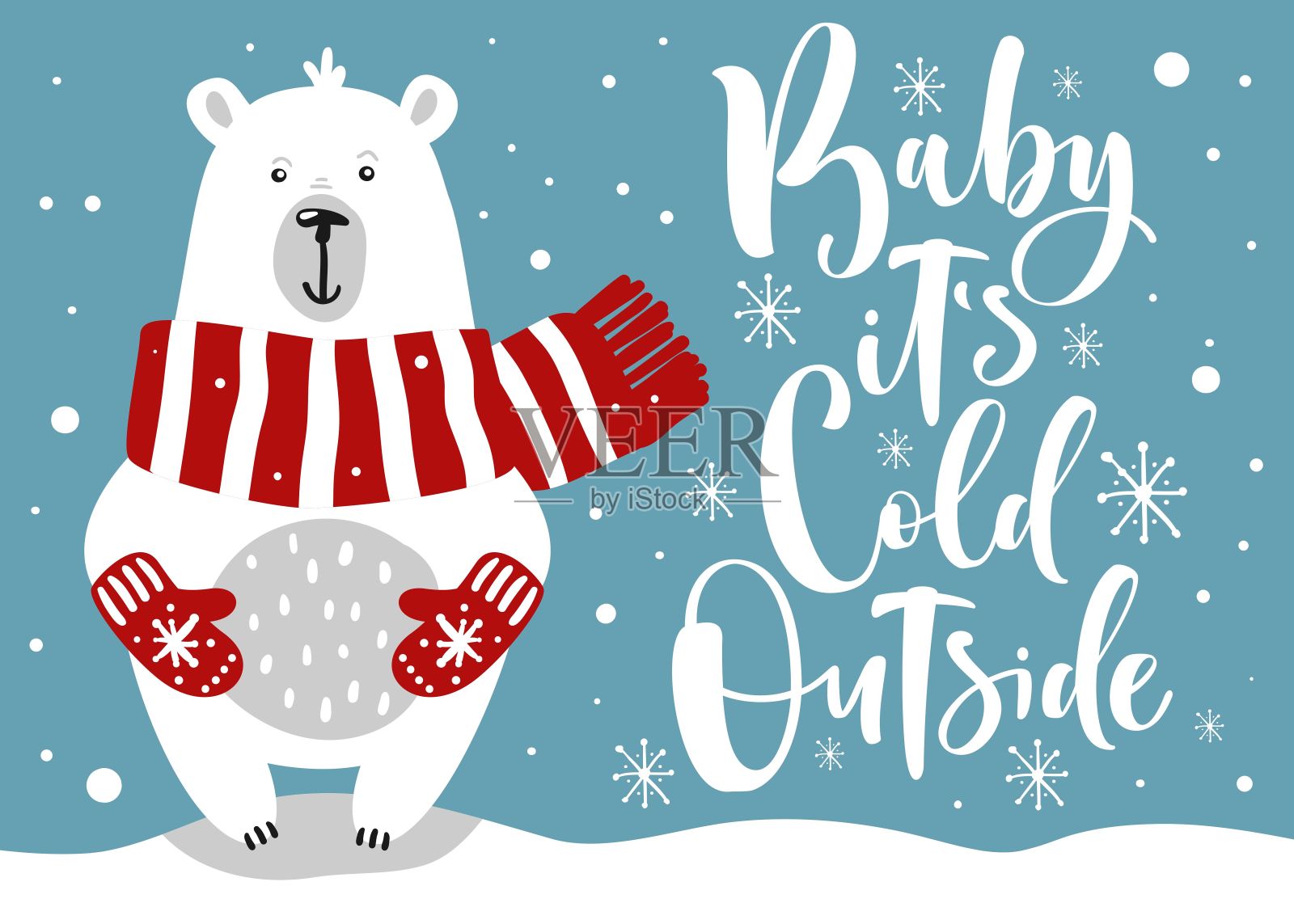 可爱的冬季卡片，手绘小熊，上面写着“宝贝，外面很冷”插画图片素材