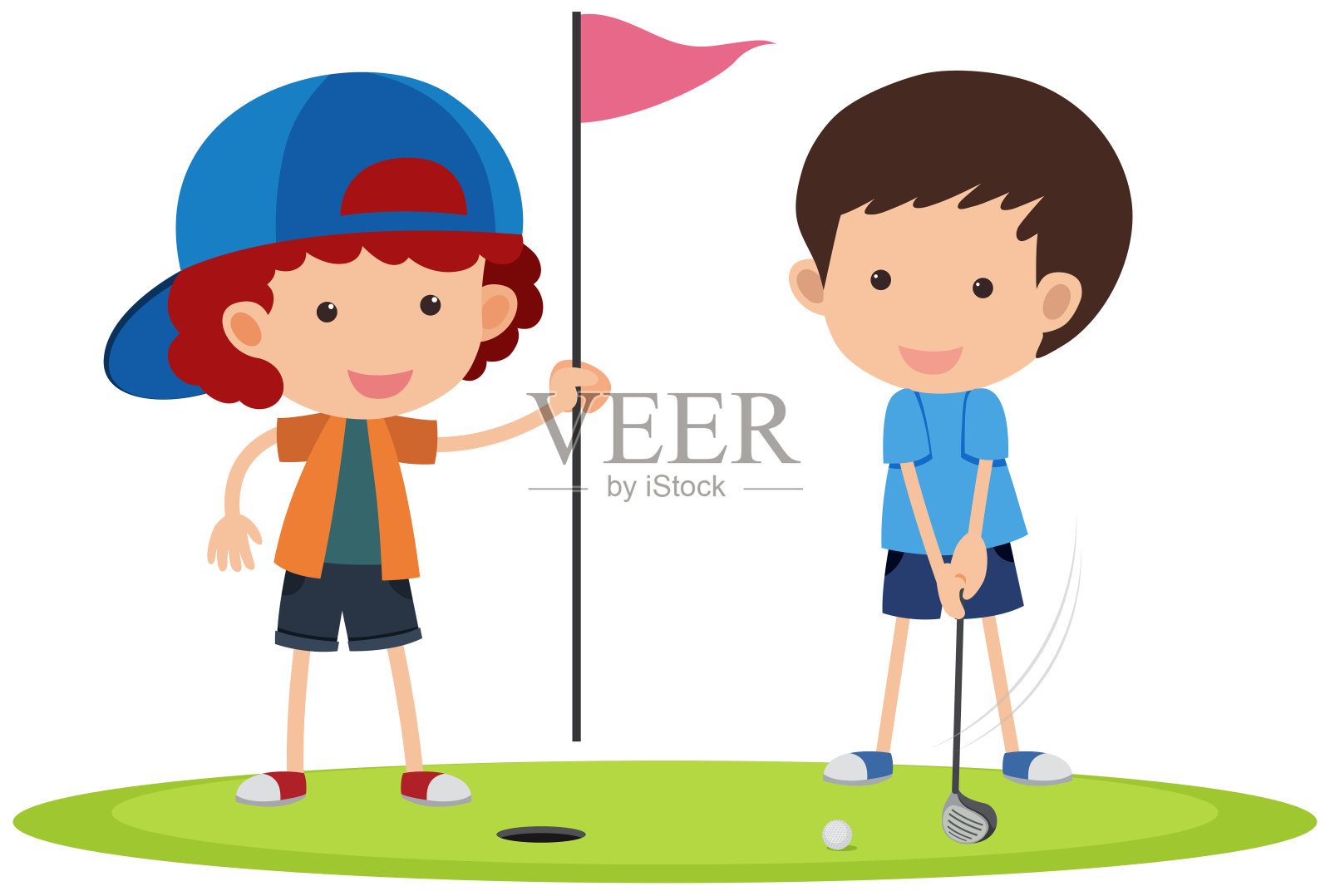 两个男孩在打高尔夫球插画图片素材