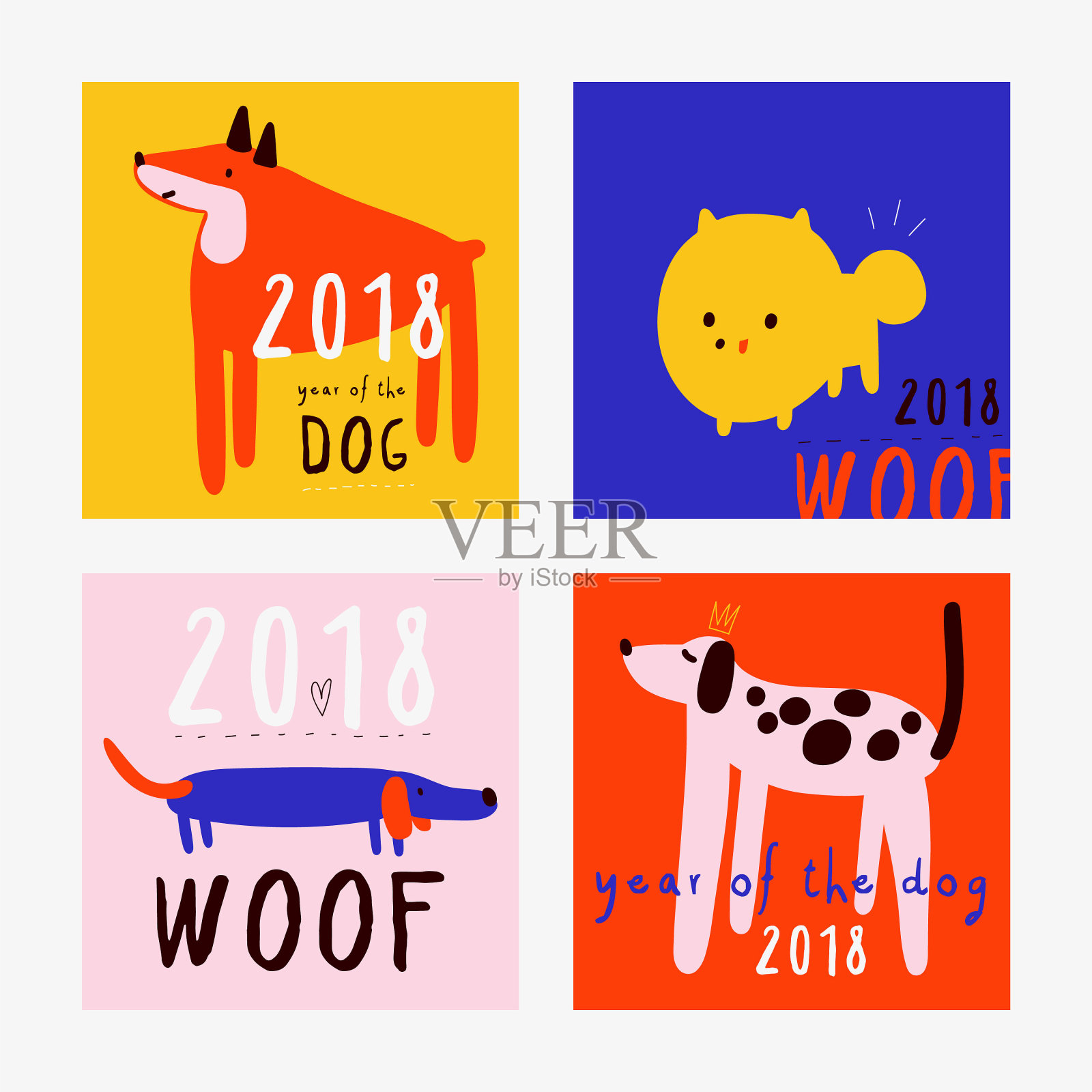 一套可爱的2018年狗狗卡片。插画图片素材