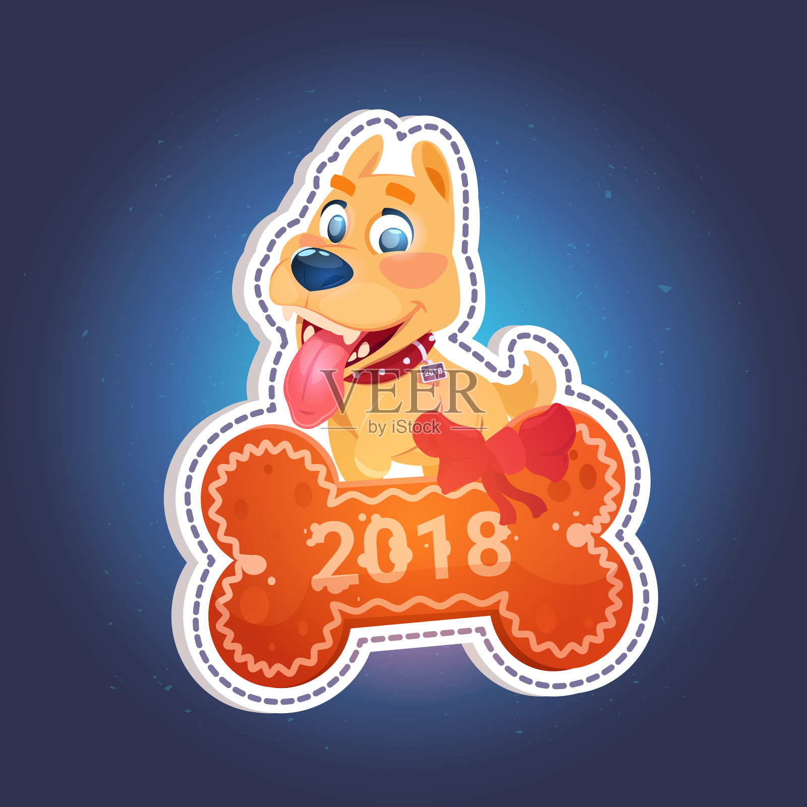 假日贴纸狗在骨头2018文字孤立在蓝色背景新年象征插画图片素材