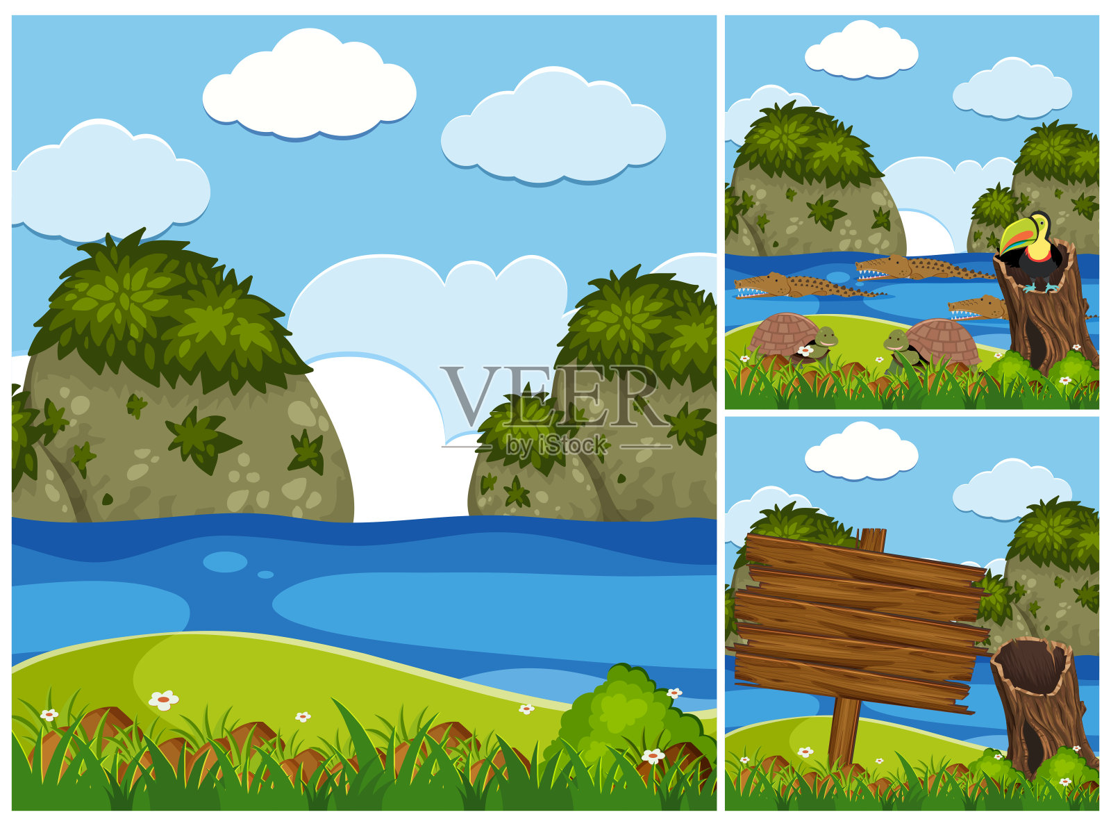河流中有鳄鱼的三个自然场景插画图片素材