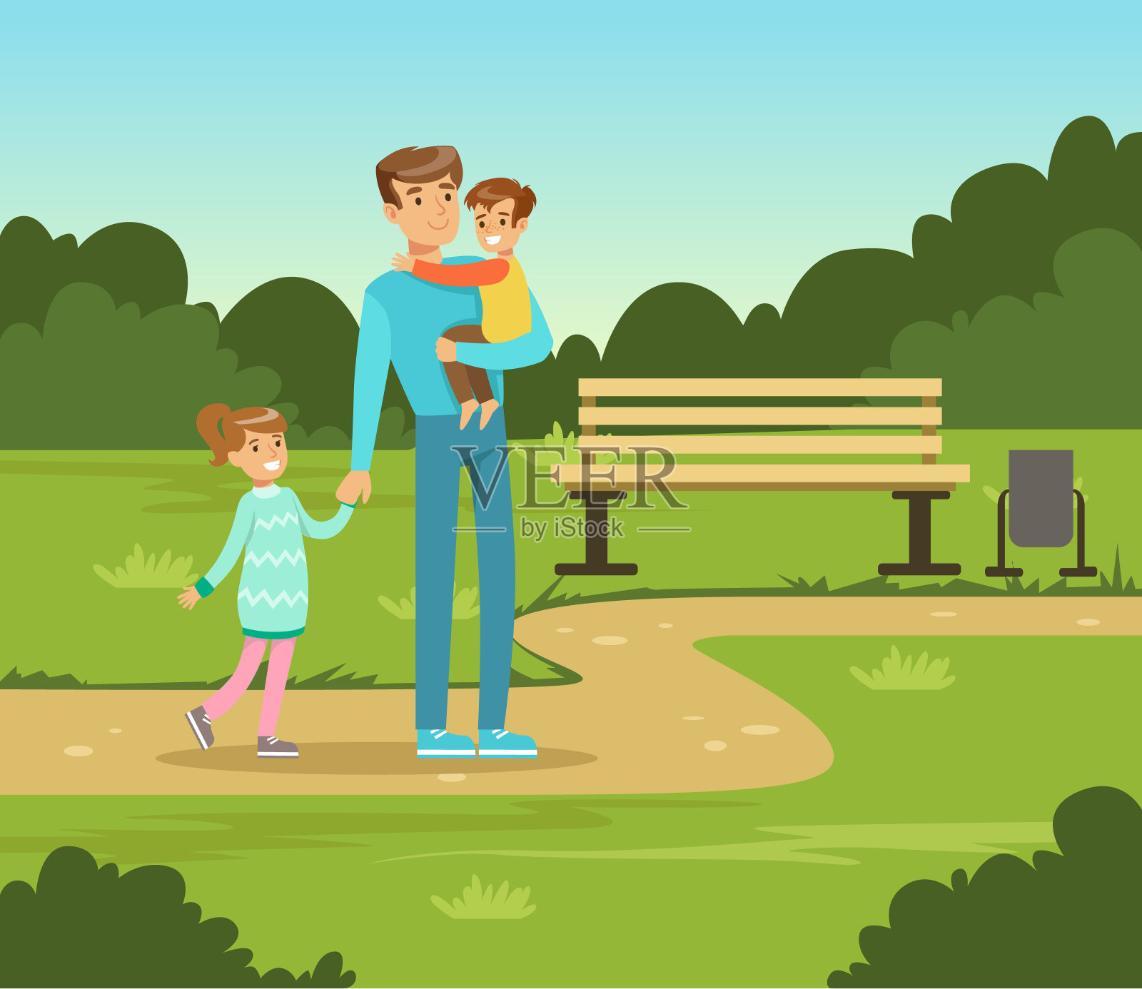 快乐的爸爸和两个孩子在夏日公园外散步，家庭休闲矢量插画插画图片素材