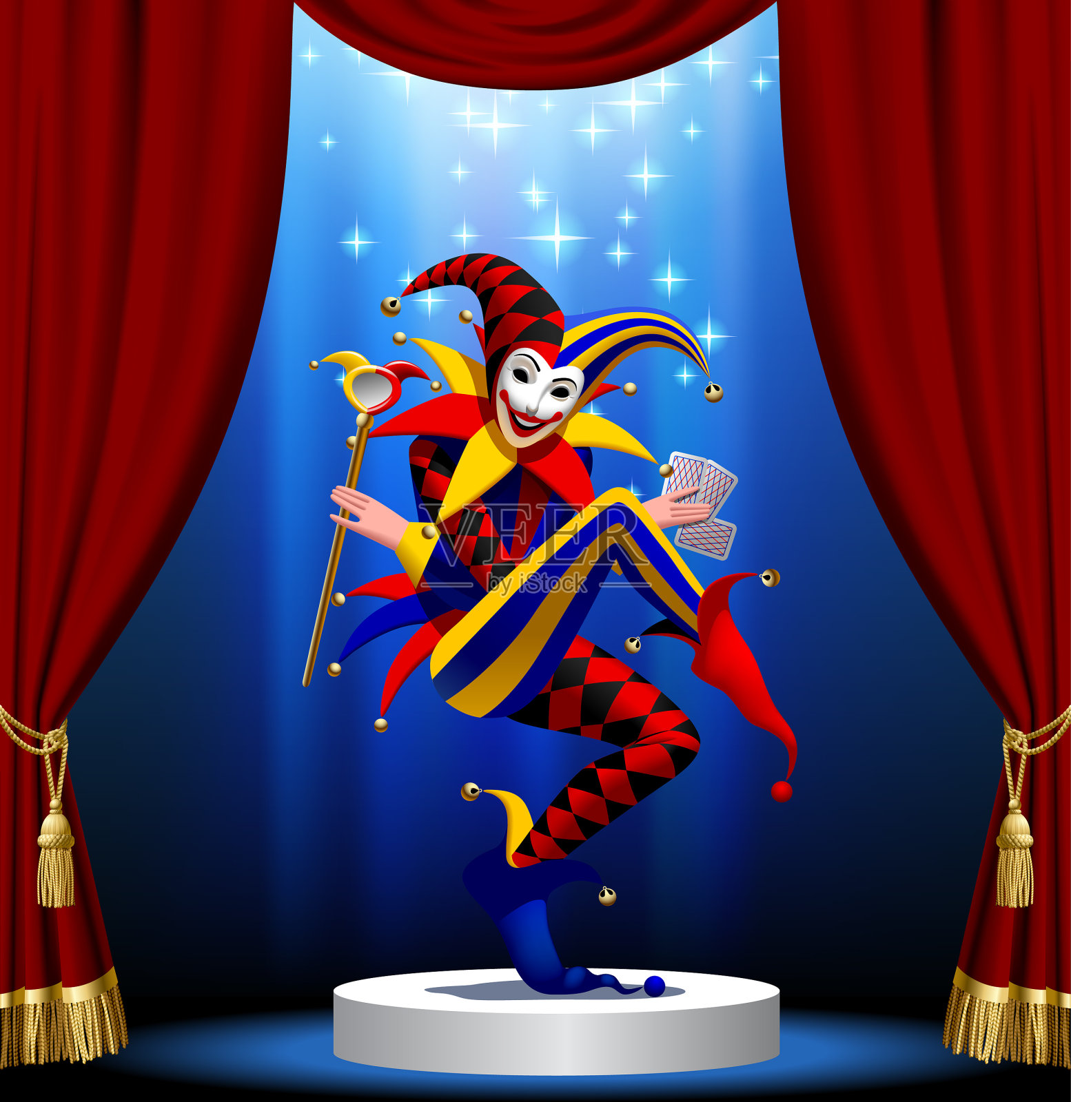 小丑与扑克牌和镜子在蓝色的光在圆形讲台由红色窗帘框插画图片素材