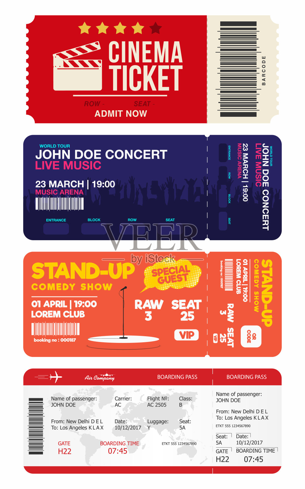 音乐会和喜剧表演门票。电影票和机票。大套票模板插画图片素材