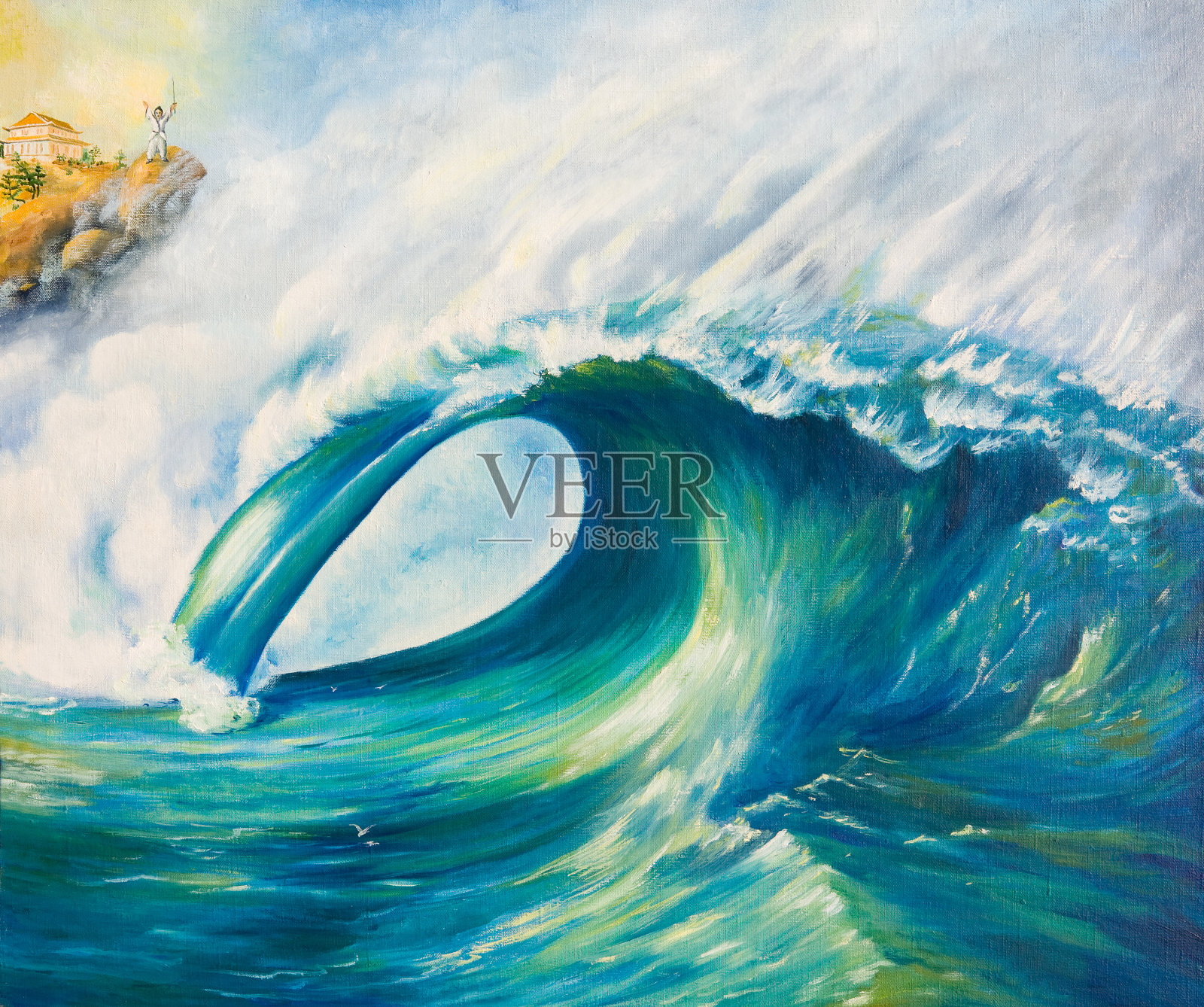 一个巨浪滚向岸边。帆布上的油画插画图片素材