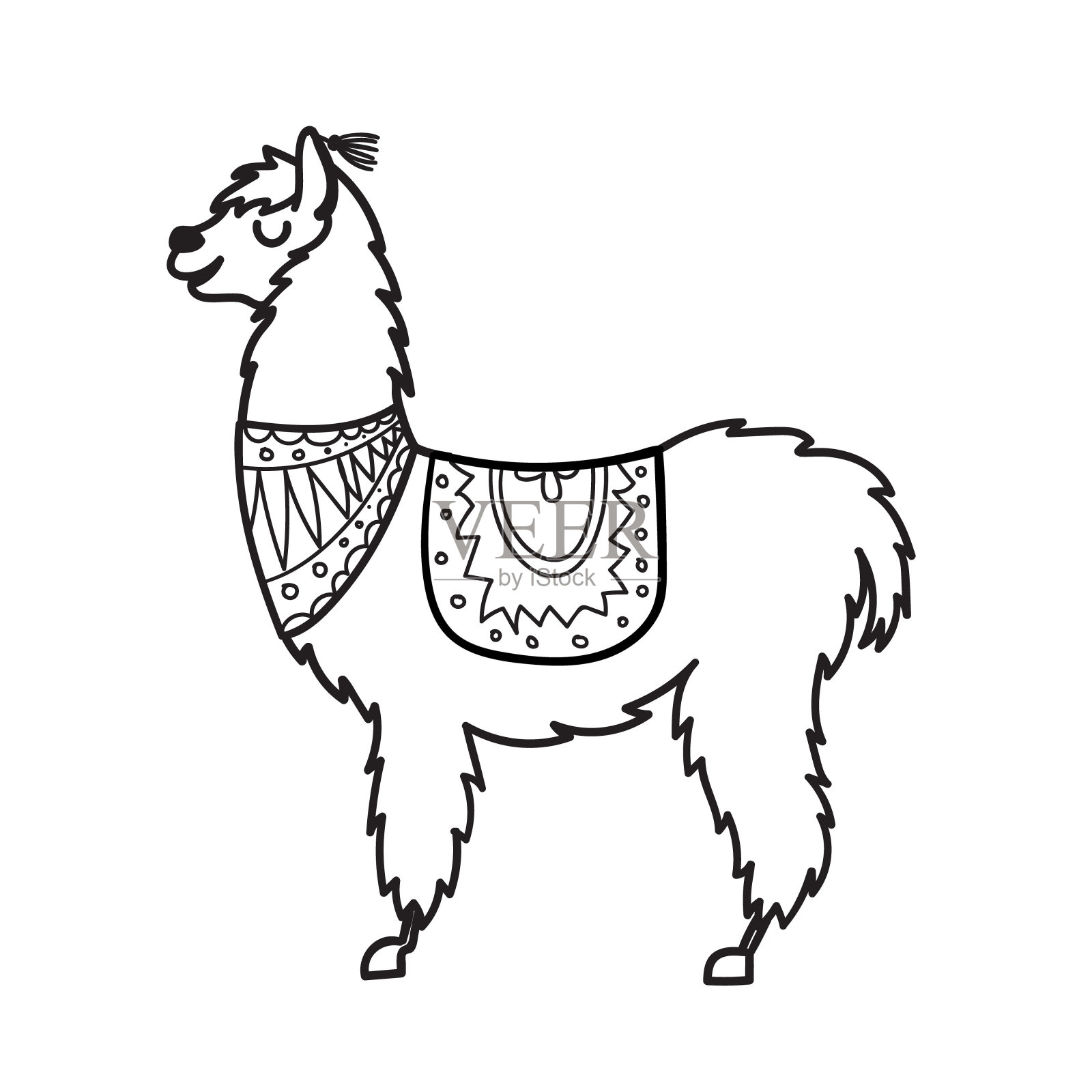 矢量插图可爱的字符南美喇嘛与装饰。孤立的轮廓卡通婴儿羊驼。手绘秘鲁动物:原驼、羊驼、小羊驼。为印花、织物绘制图纸。插画图片素材