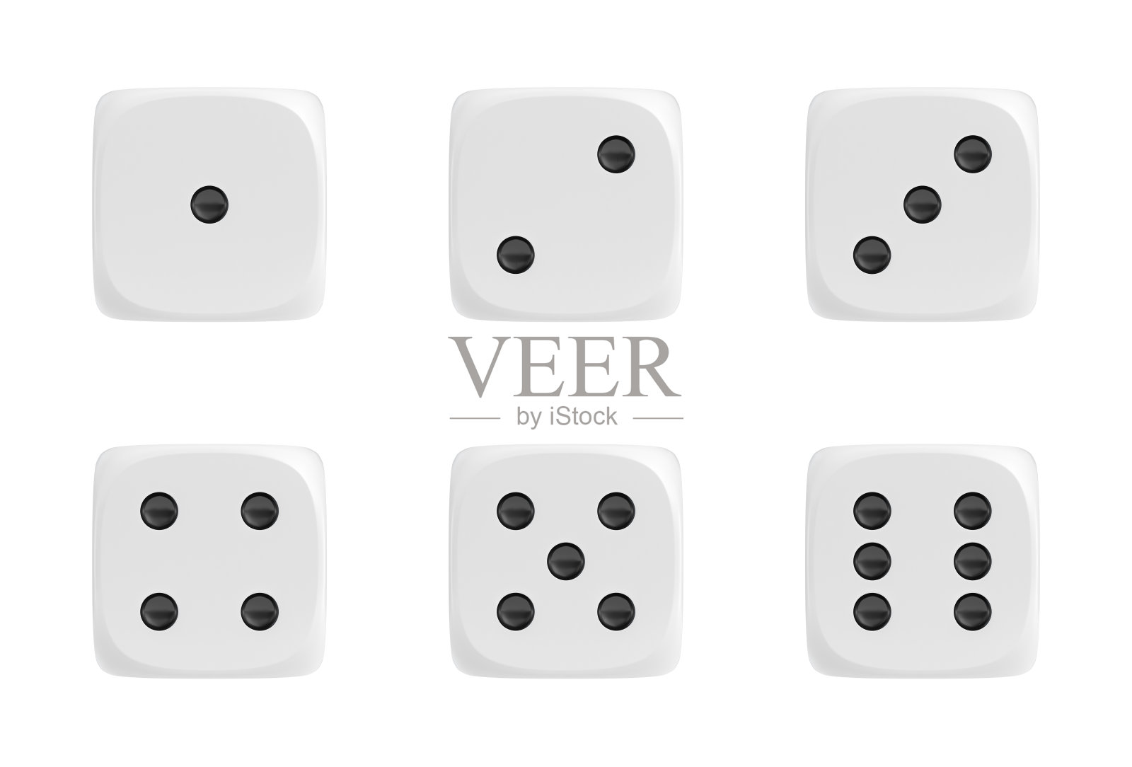 一组6个白色骰子的3d渲染，在前视图与黑点显示不同的数字设计元素图片