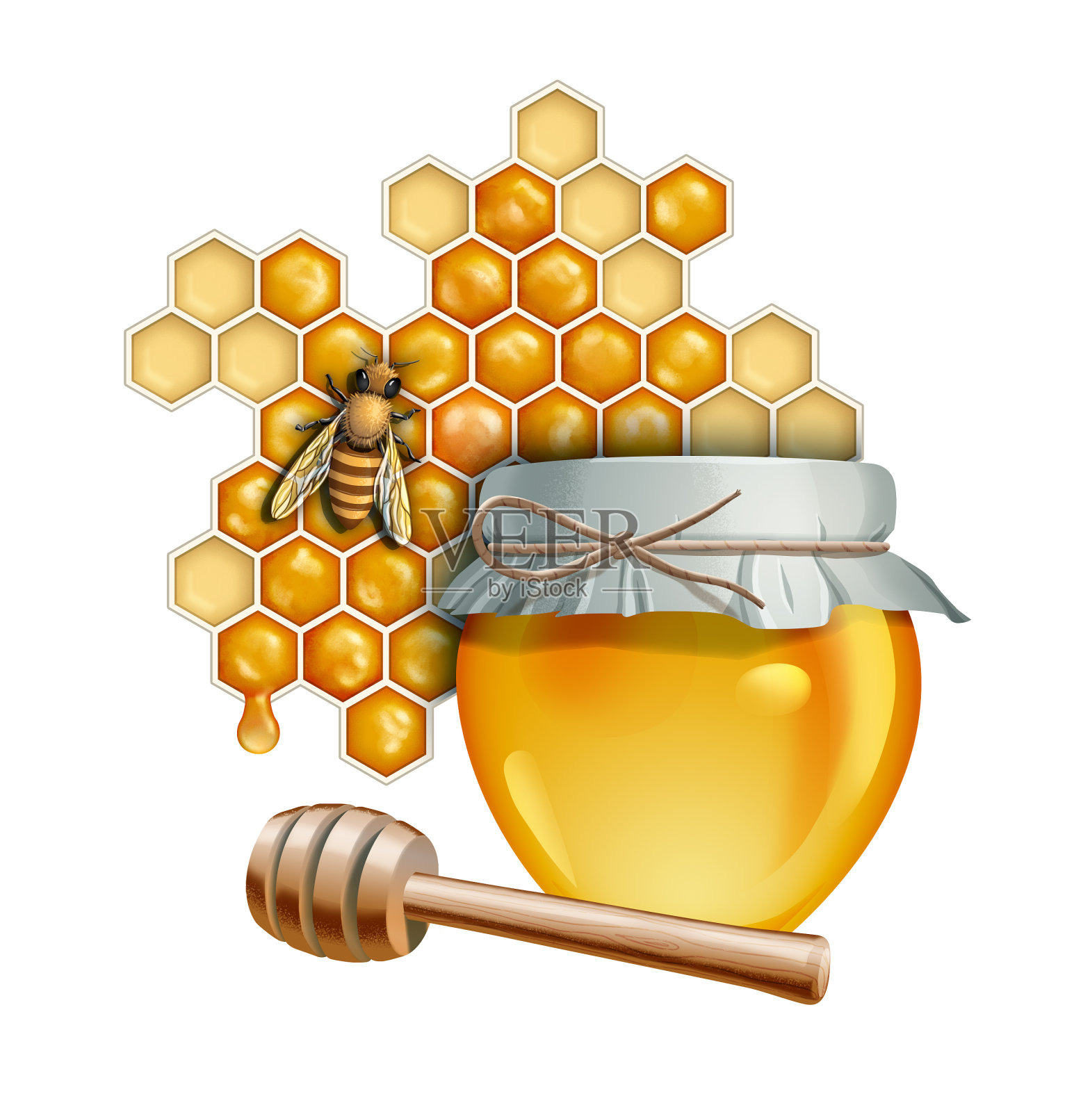 蜂蜜罐和蜜蜂插画图片素材