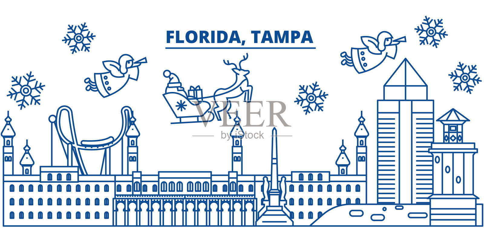 美国佛罗里达州坦帕冬季城市天际线。圣诞快乐，新年快乐的横幅装饰。冬天的贺卡上有雪花和圣诞老人。平,行向量。线性圣诞插图插画图片素材
