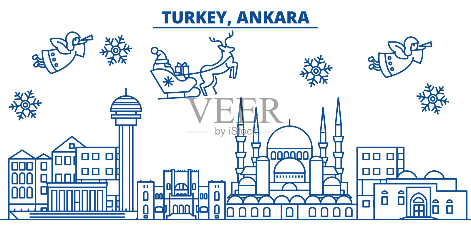 土耳其，安卡拉冬季城市天际线。圣诞快乐，新年快乐横幅上装饰着圣诞老人。冬季贺卡。平,轮廓向量。线形圣诞雪插画插画图片素材