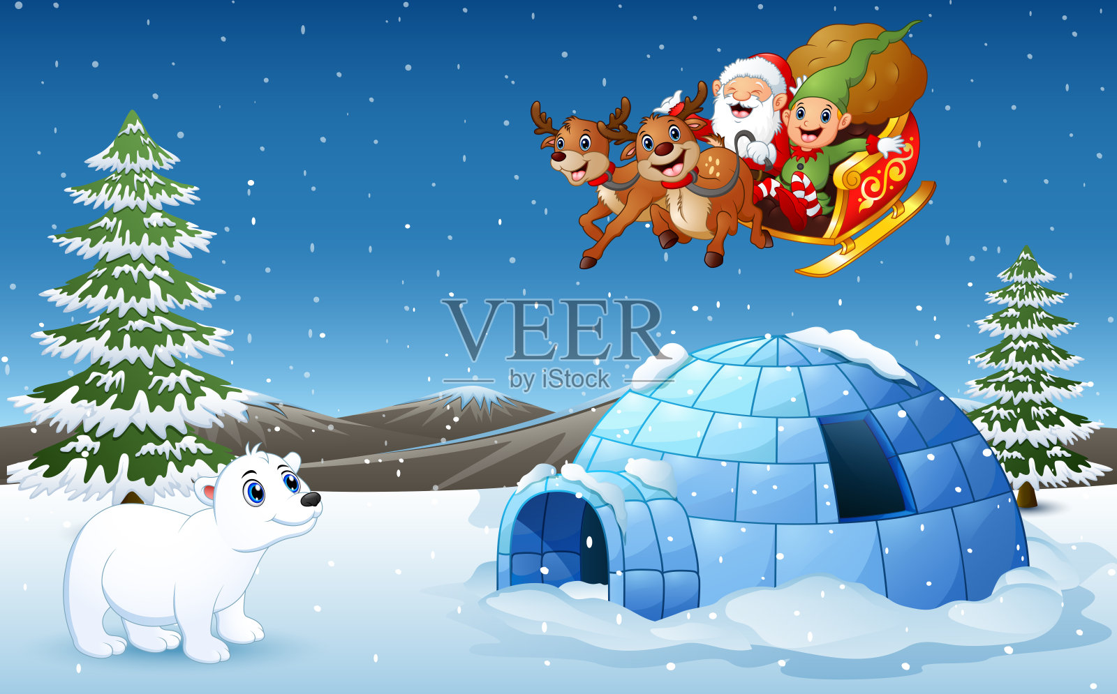 圣诞老人和精灵骑着鹿拉的雪橇飞过小山，还有北极熊和冰屋插画图片素材