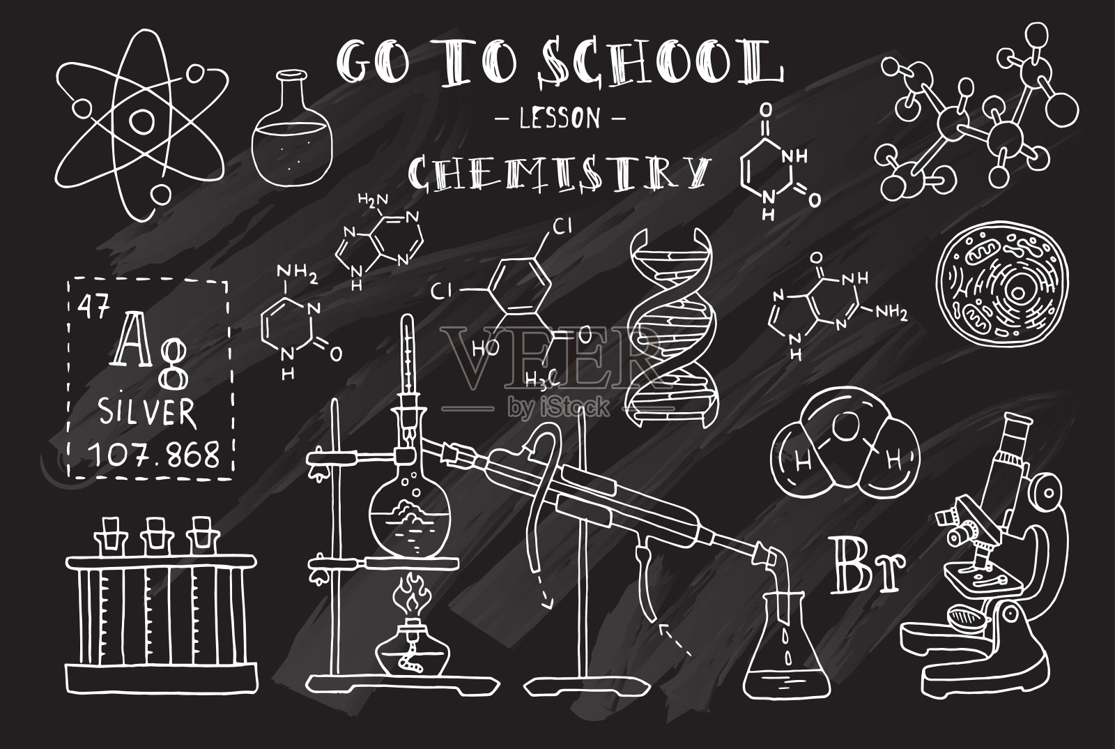 化学。关于化学主题的手绘。黑板。矢量插图。插画图片素材