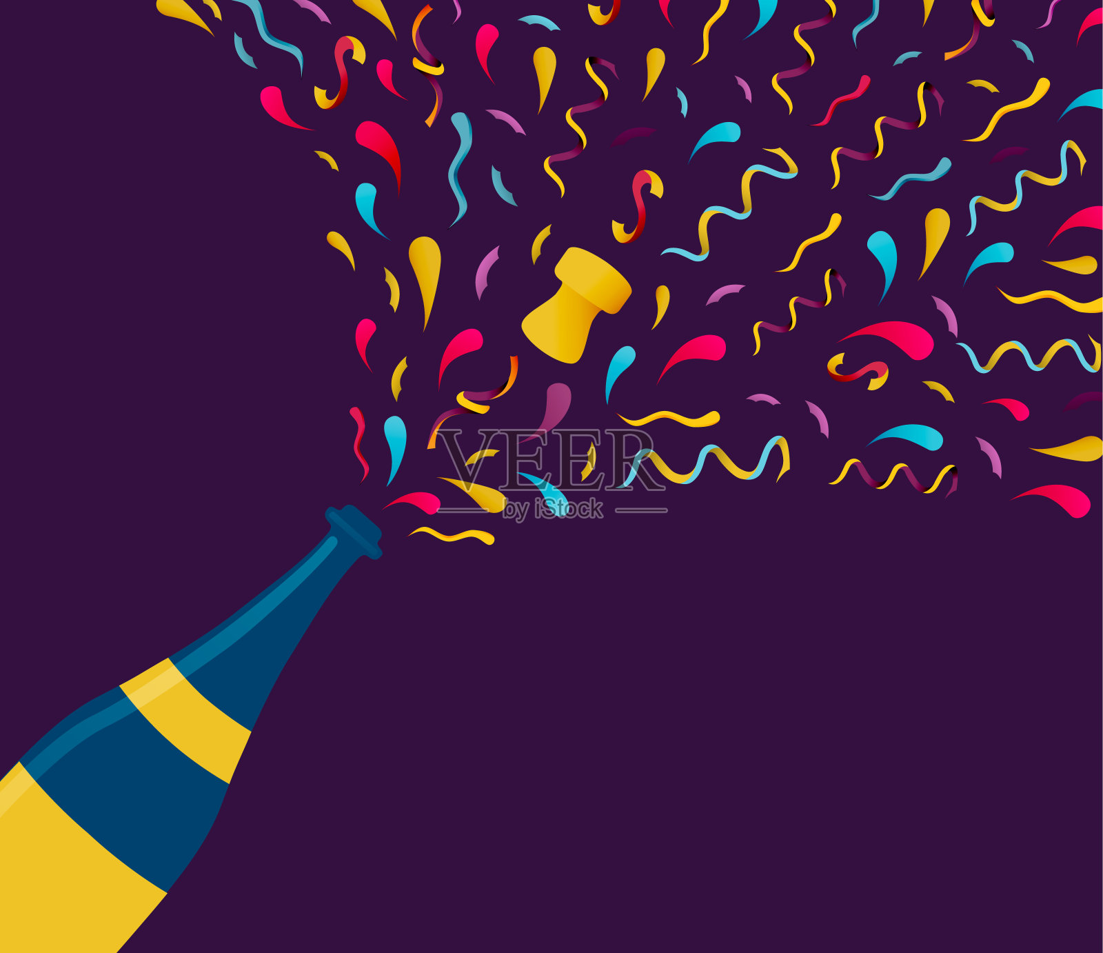 新年彩色香槟酒瓶喷溅卡插画图片素材