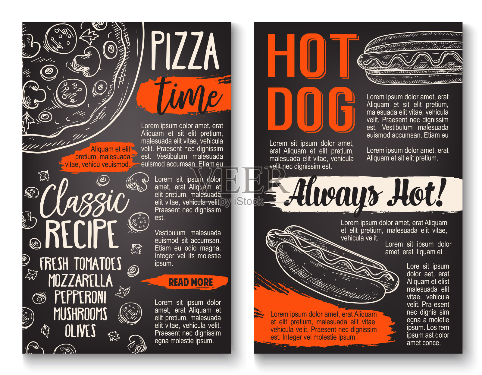快餐披萨和热狗菜单黑板海报设计模板素材