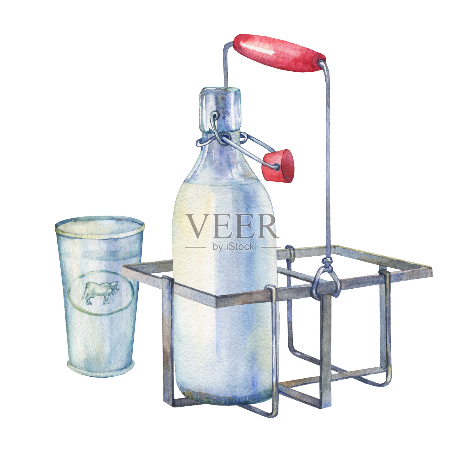 复古的农家厨房金属支架与牛奶瓶和牛奶杯。手绘水彩画在白色的背景。插画图片素材