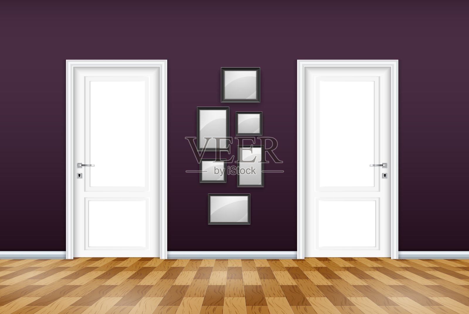 客厅内部与关闭的门和空框架在紫色的墙壁上插画图片素材