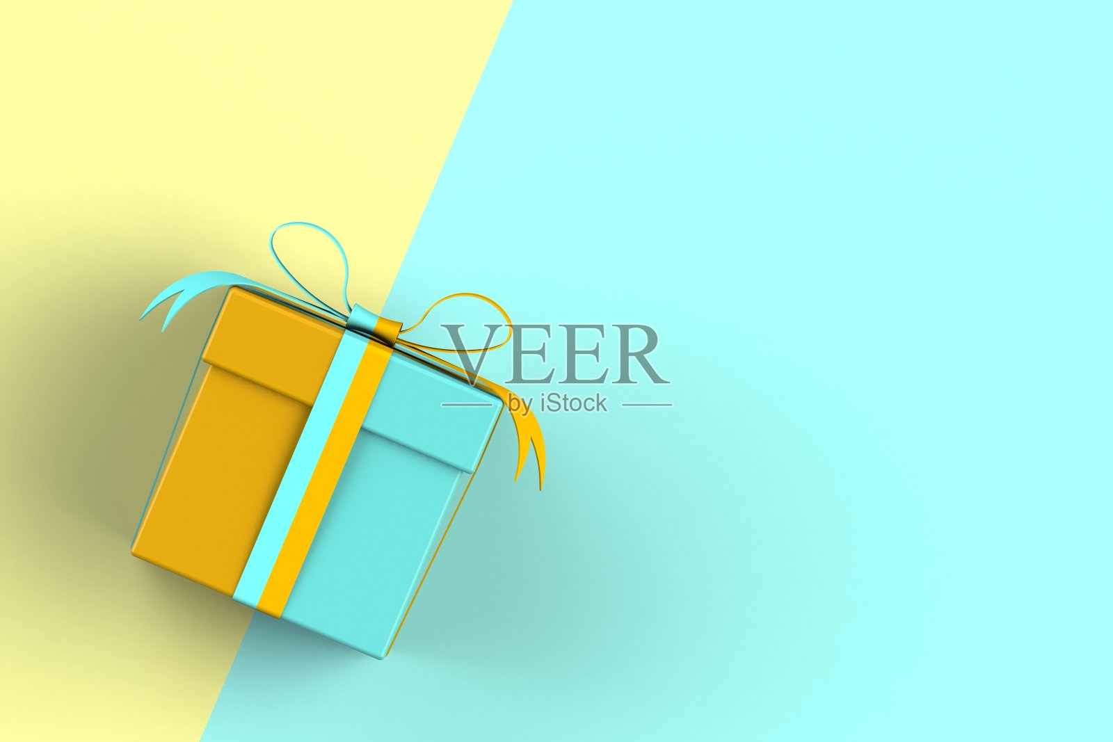圣诞节和元旦，礼品盒孤立在蓝色和黄色背景，3D渲染插画图片素材