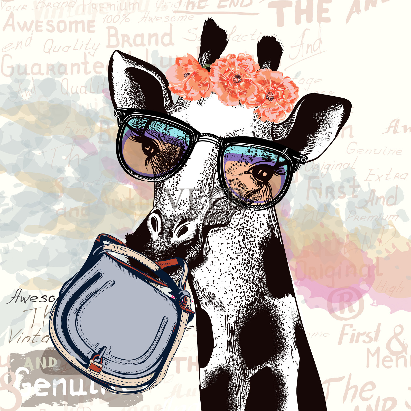 时尚插图与长颈鹿在时髦的眼镜持有女性包插画图片素材