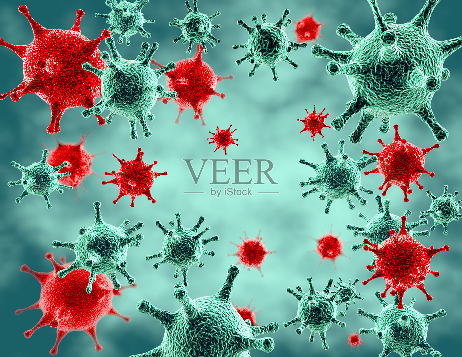 蓝绿红三维病毒，病毒病感染概念。照片摄影图片