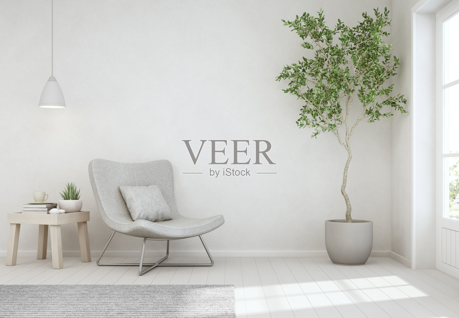 室内植物和茶几木地板与空白的白色混凝土墙背景，椅子靠近门在明亮的客厅现代斯堪的那维亚房子插画图片素材