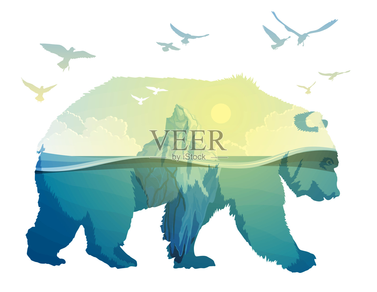 北极熊，全球变暖。双重曝光设计元素图片