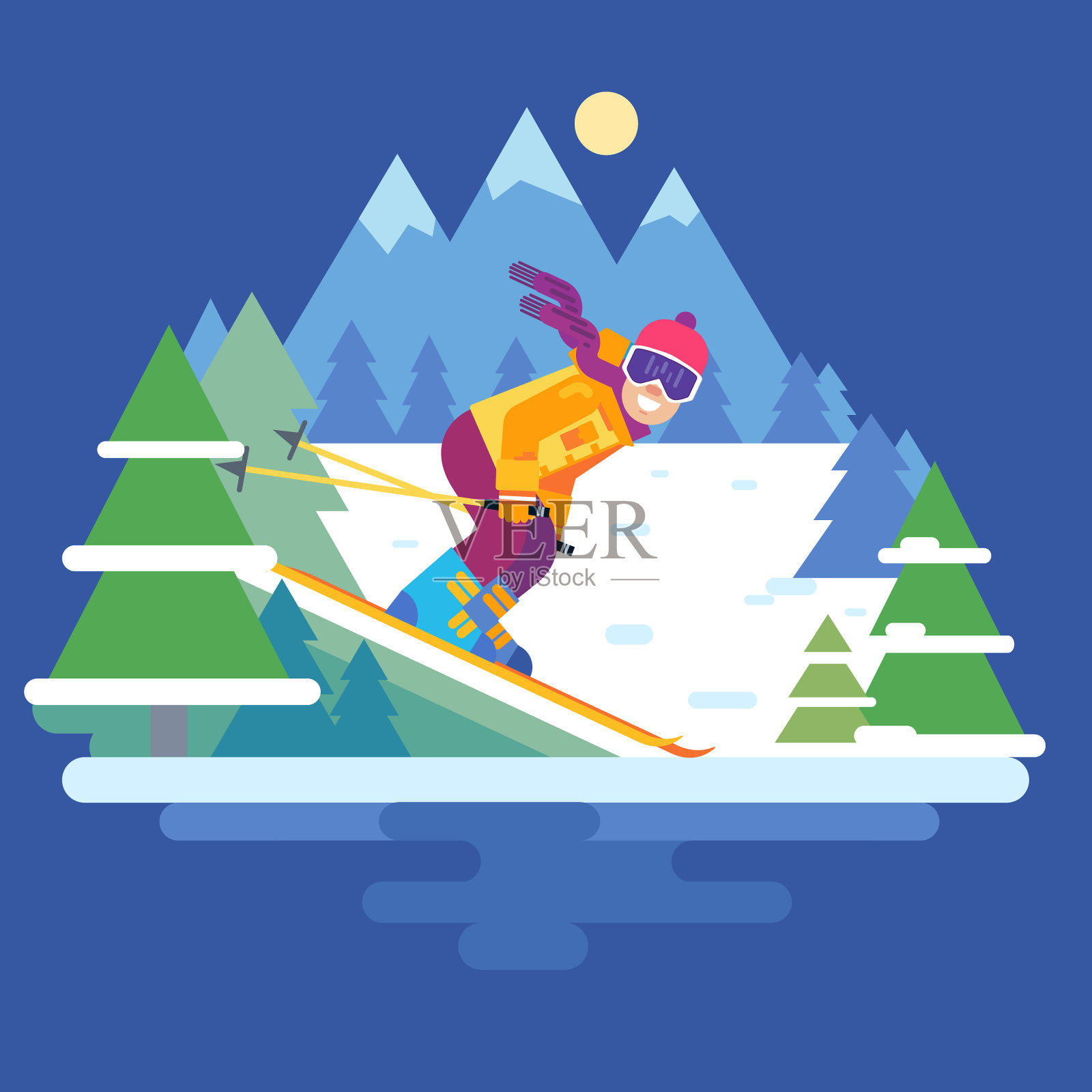 卡通微笑的滑雪者孤立。滑雪板矢量中滑雪运动员的性格插画图片素材