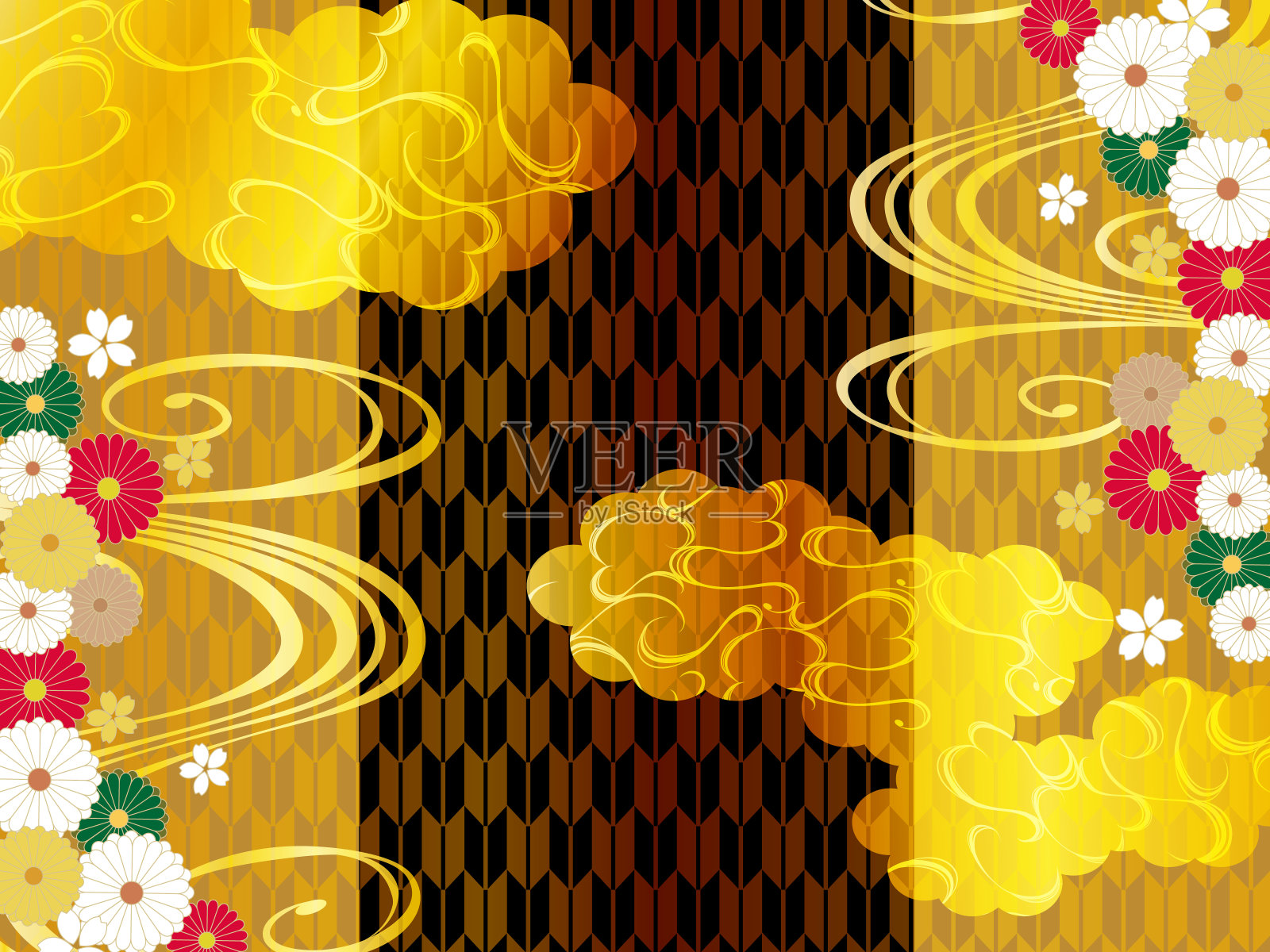 日本背景的黄金，花和云的背景材料插画图片素材