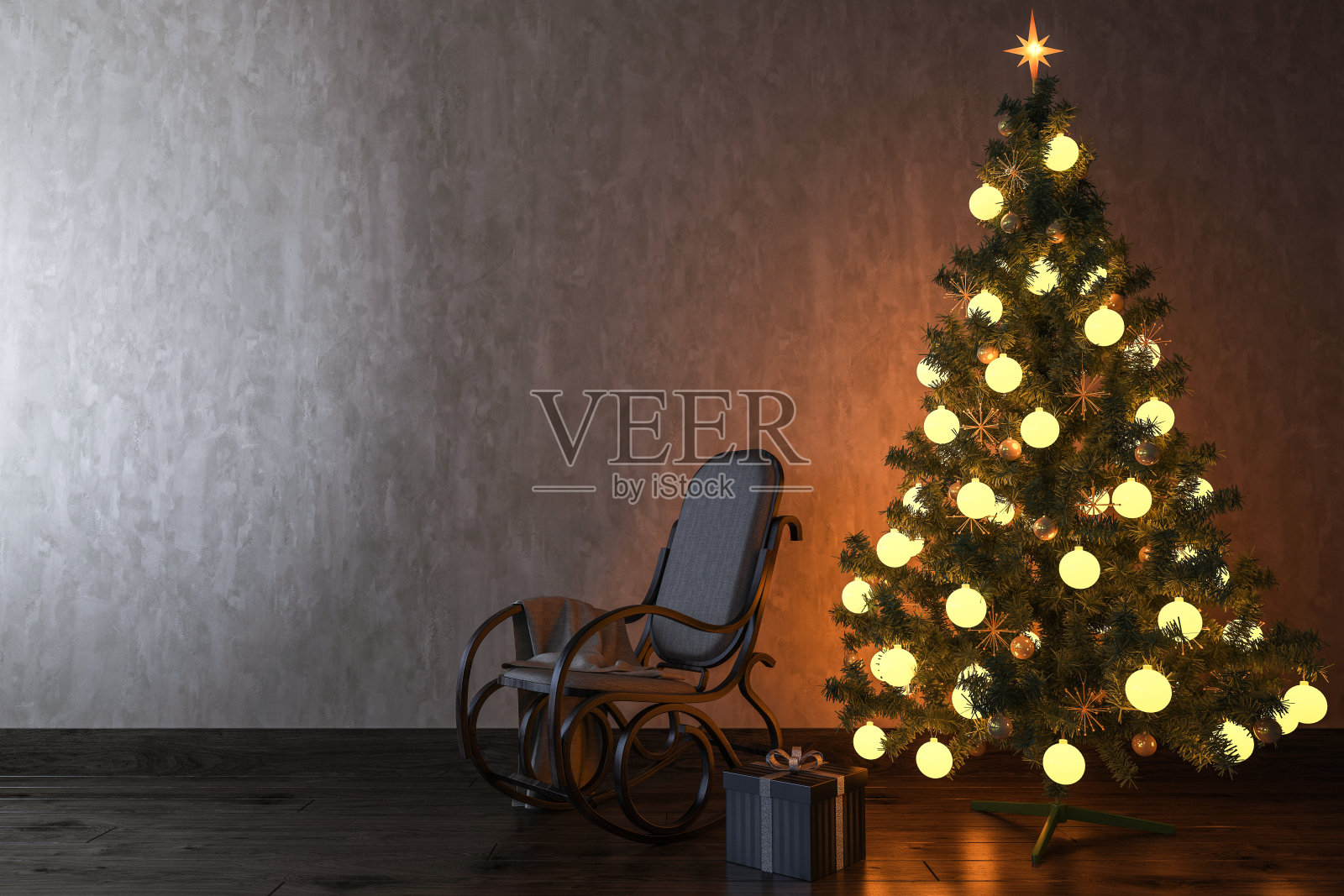 空房间，一棵圣诞树和一把摇椅插画图片素材