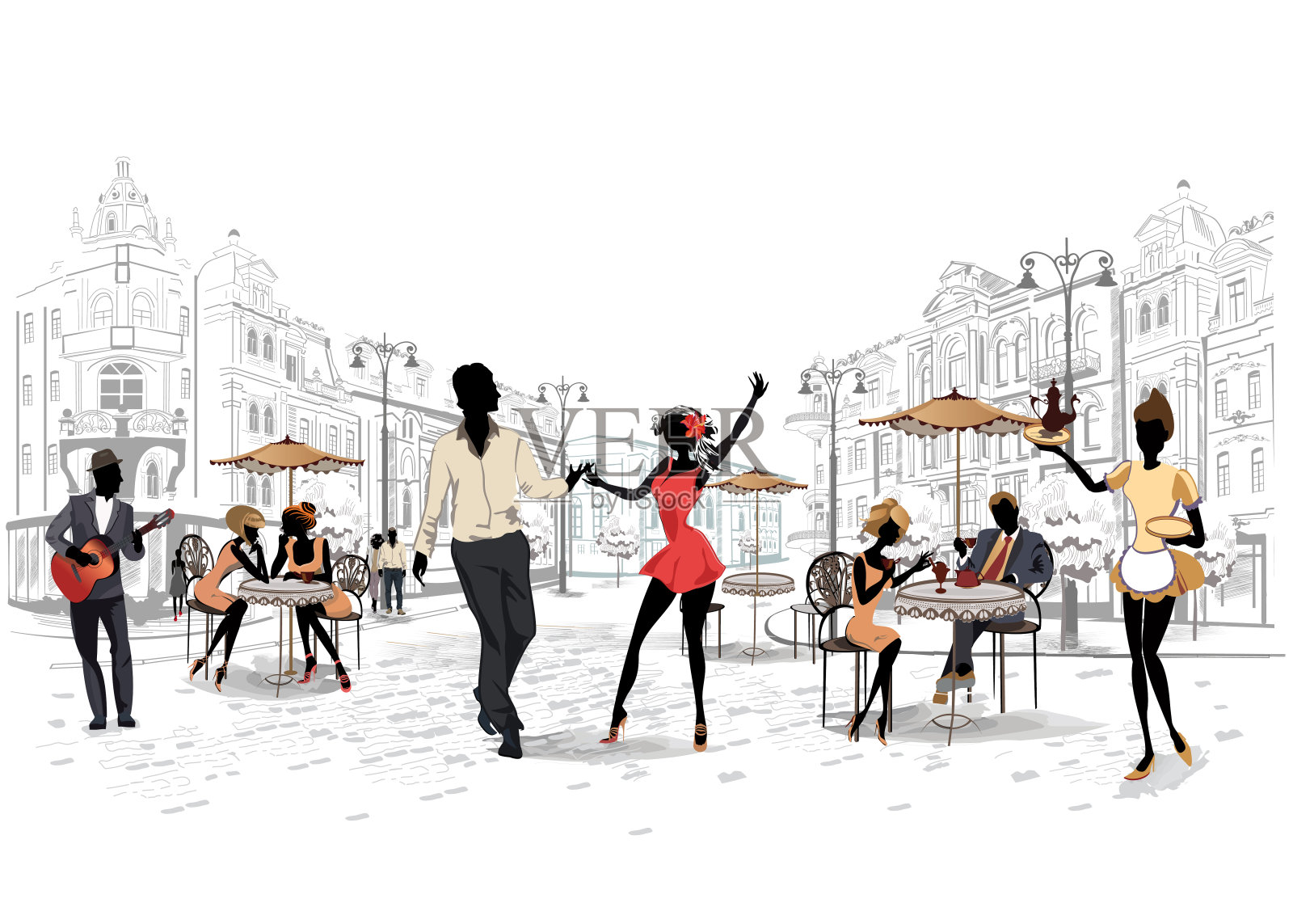 老城区的一系列街道上有音乐家和舞伴。插画图片素材