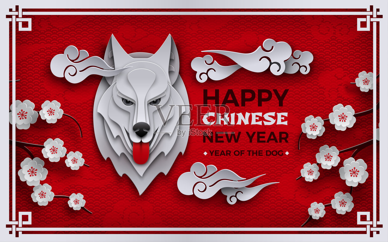 中国新年横幅，象征2018年狗年，生肖标志，狗头与传统樱花樱花，亚洲云。东方背景为您的剪纸设计，矢量插画图片素材