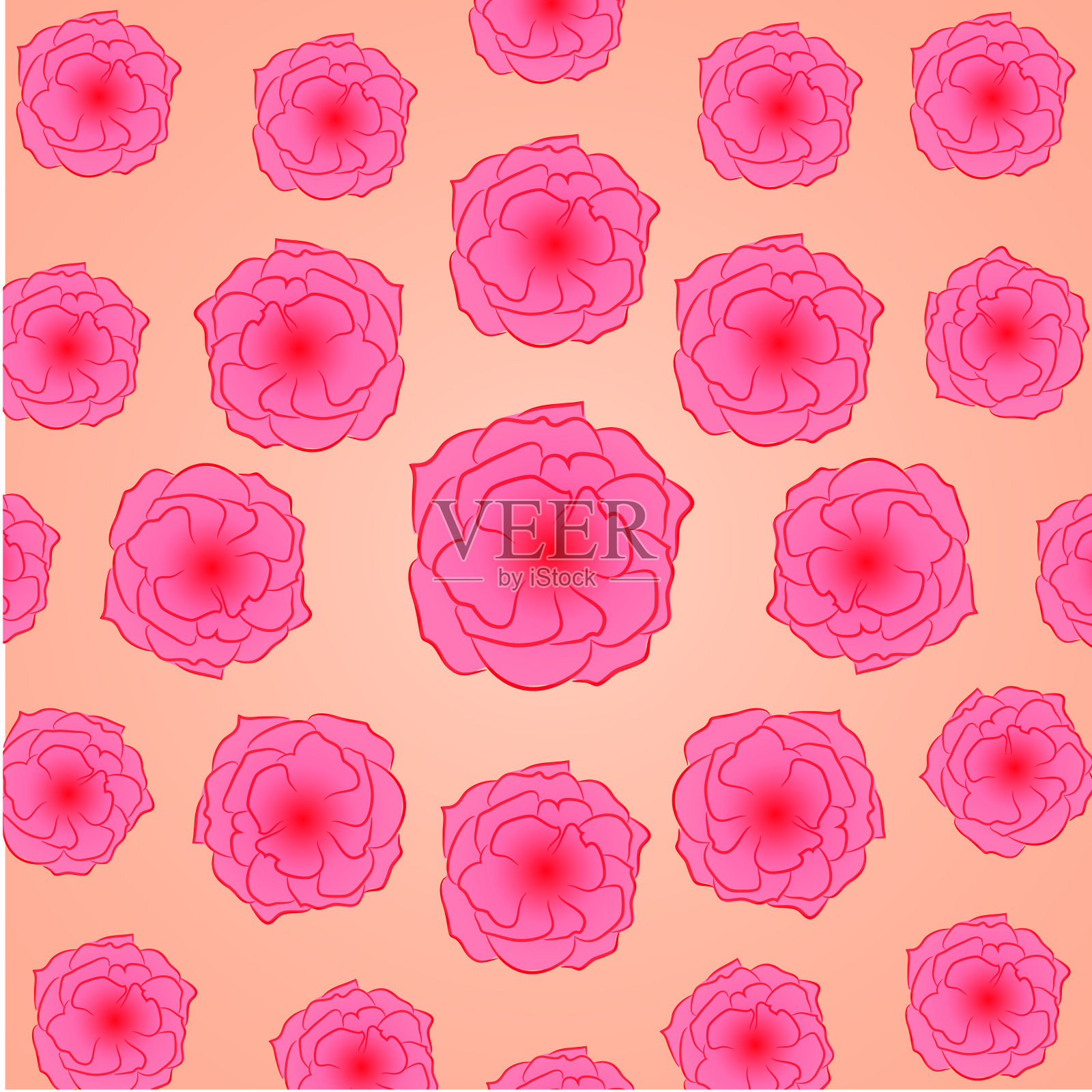 花朵图案:粉红花蕾的玫瑰在一个浅桃色的背景，位于一个圆-美丽的春天印花。插画图片素材