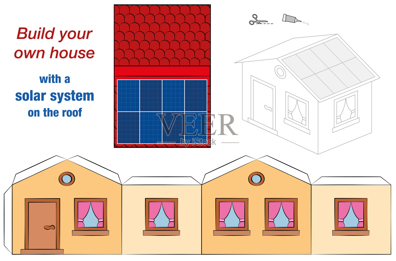 屋顶上有太阳能电池板集热器的房屋模板——光伏技术小屋模型——剪出、折叠和胶剪出的宣传片，以促进生态教育。插画图片素材