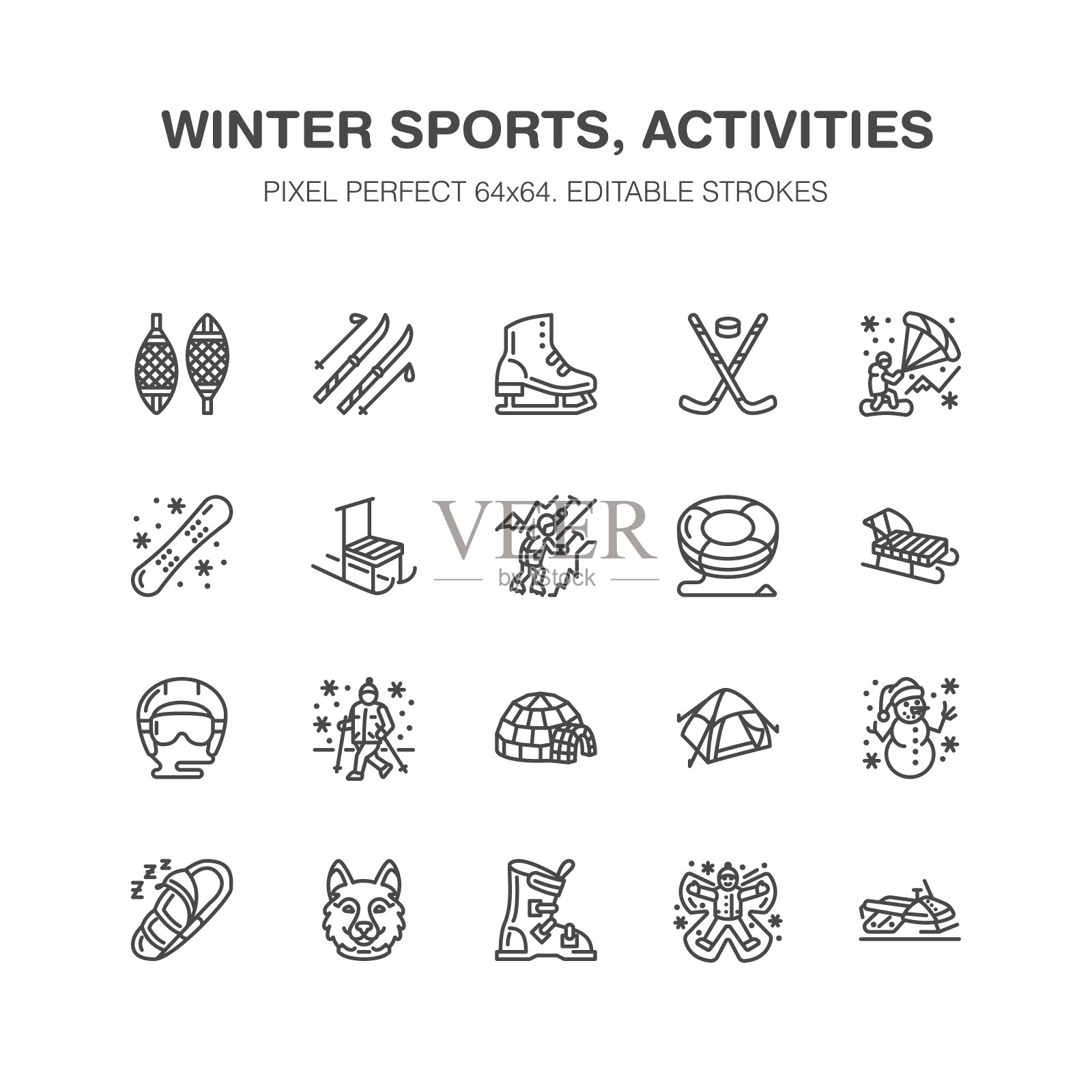 冬季运动矢量平面线图标。户外活动设备滑雪板、曲棍球、雪橇、溜冰鞋、雪管、冰上风筝。线性象形图与可编辑的笔触滑雪胜地。像素完美64 x64插画图片素材