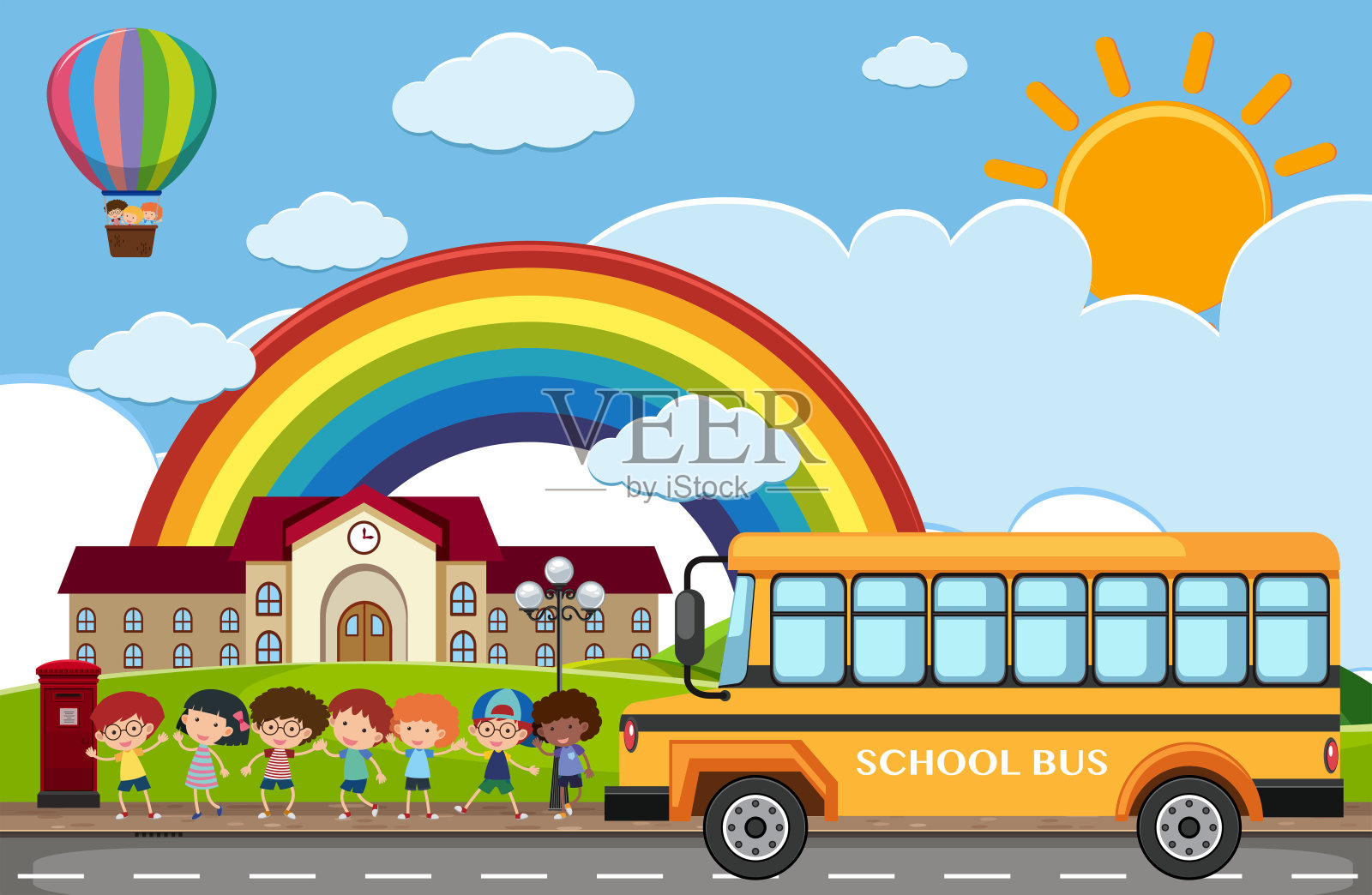 孩子们和校车在路上的场景插画图片素材
