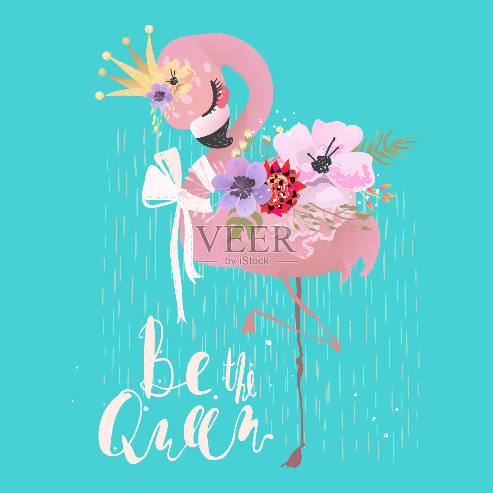 可爱的火烈鸟粉红色的婴儿公主异国情调的鸟冠，蝴蝶结和热带花朵插画图片素材