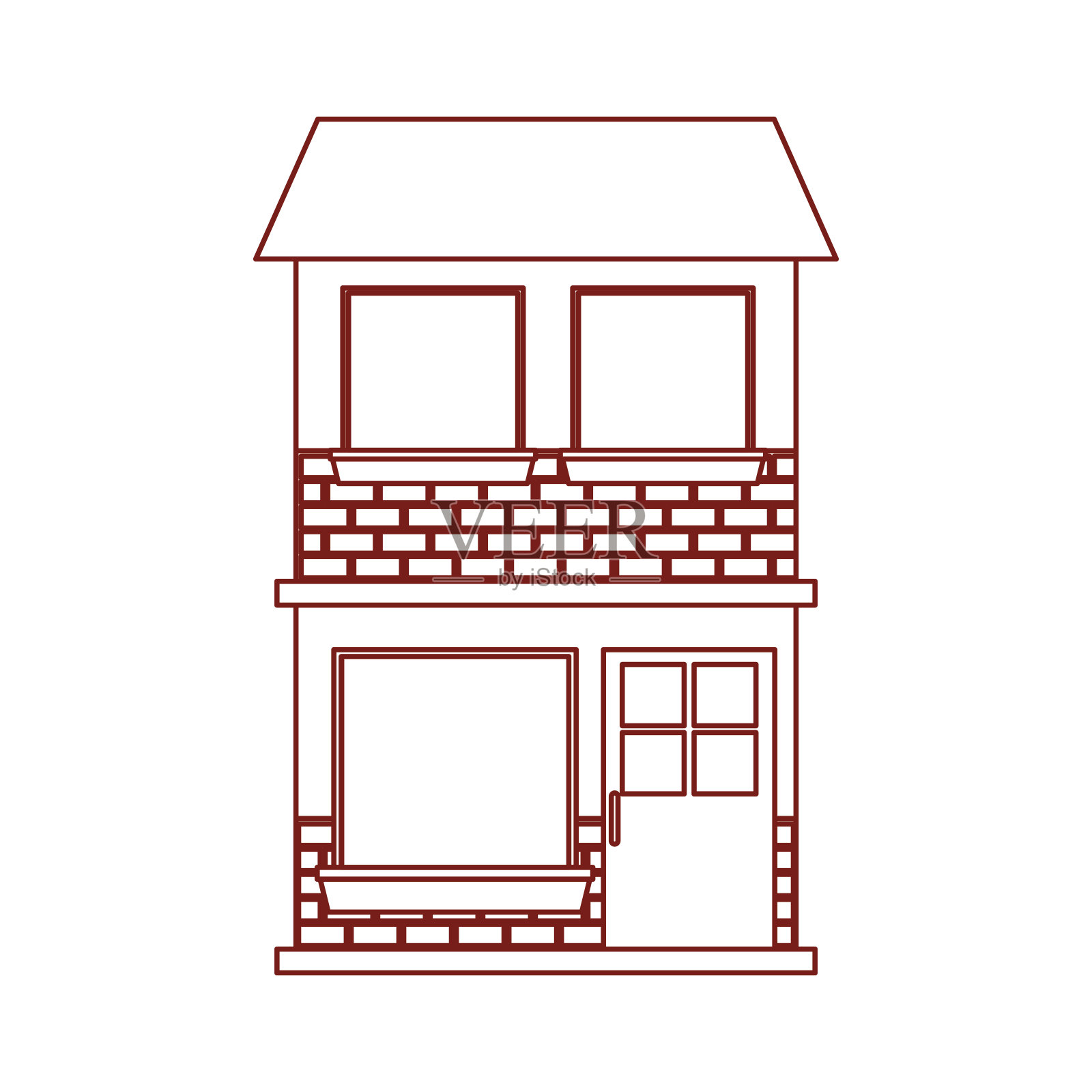 房屋立面两层，深红色轮廓插画图片素材