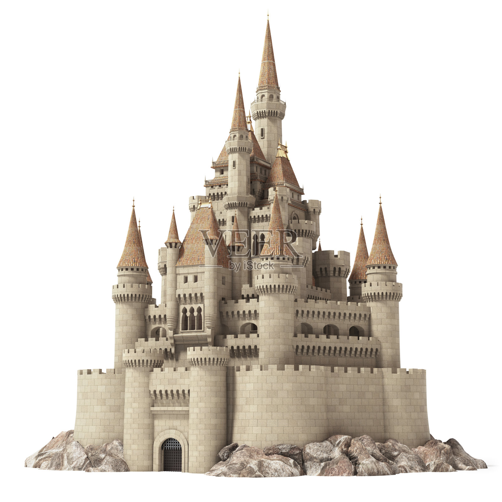 古老的童话城堡在山上孤立的白色。插画图片素材