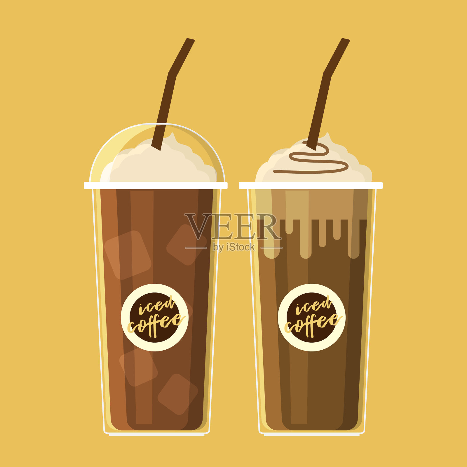 咖啡冰和生奶油杯孤立扁平图标。向量插画图片素材