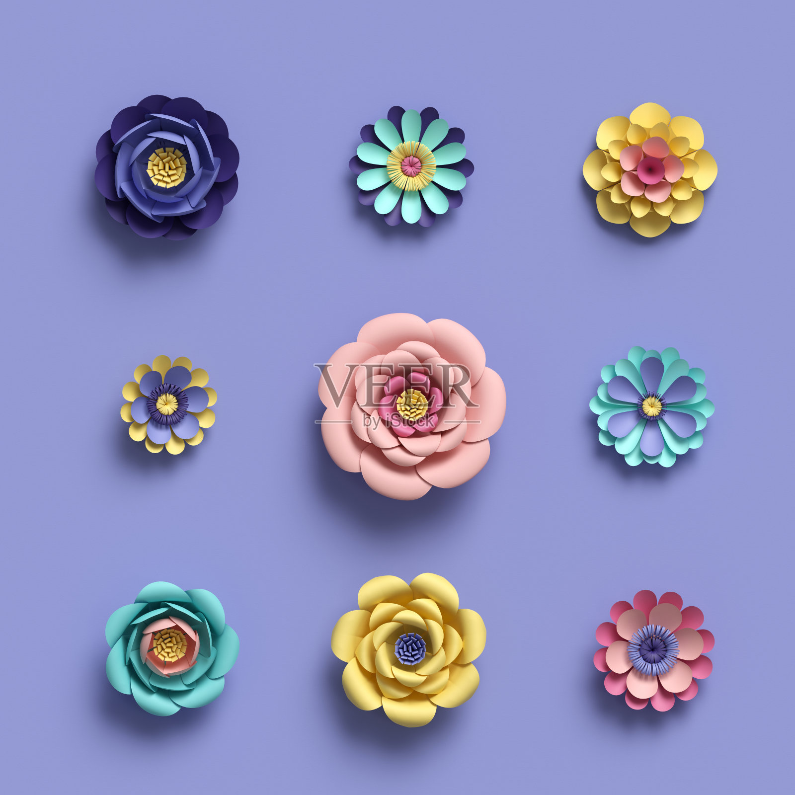 3d渲染，抽象的纸工艺花卉孤立元素，植物背景，纸花集，糖果粉彩，明亮的色调调色板插画图片素材