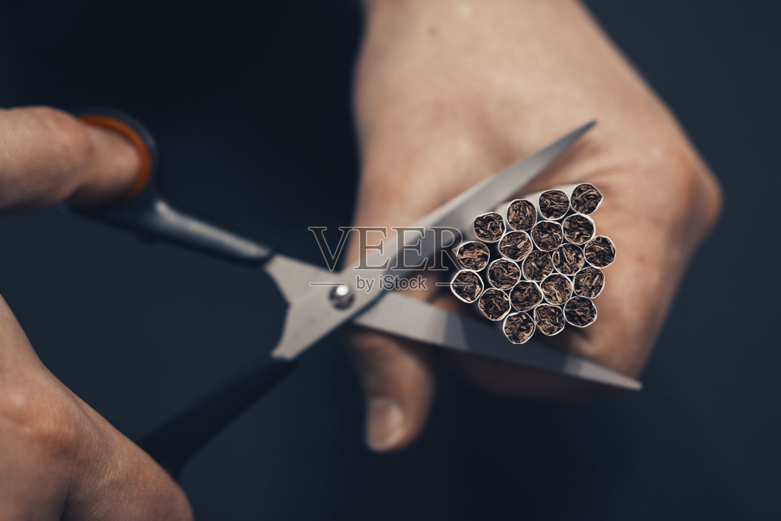 戒烟。一个男人用剪刀剪下一束香烟。照片摄影图片