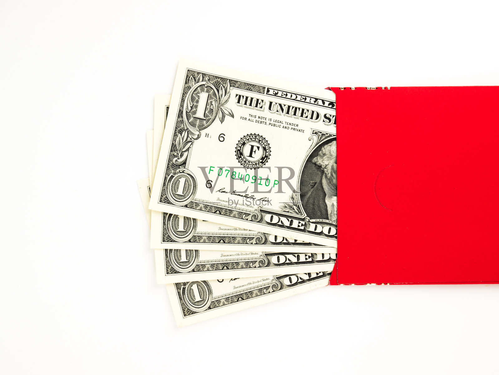 白色背景上孤立的红包和美元作为新年礼物。信封上的中文文字寓意春节快乐照片摄影图片