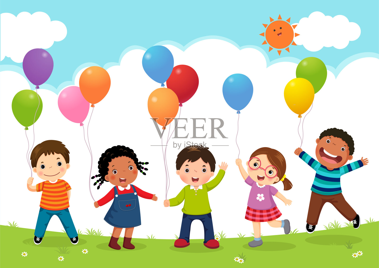 快乐的孩子们一起跳，拿着气球插画图片素材