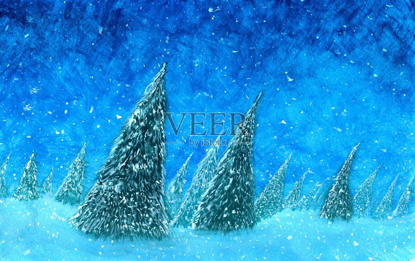 冬天的水粉风景画。雪花落在杉树林中。插画图片素材