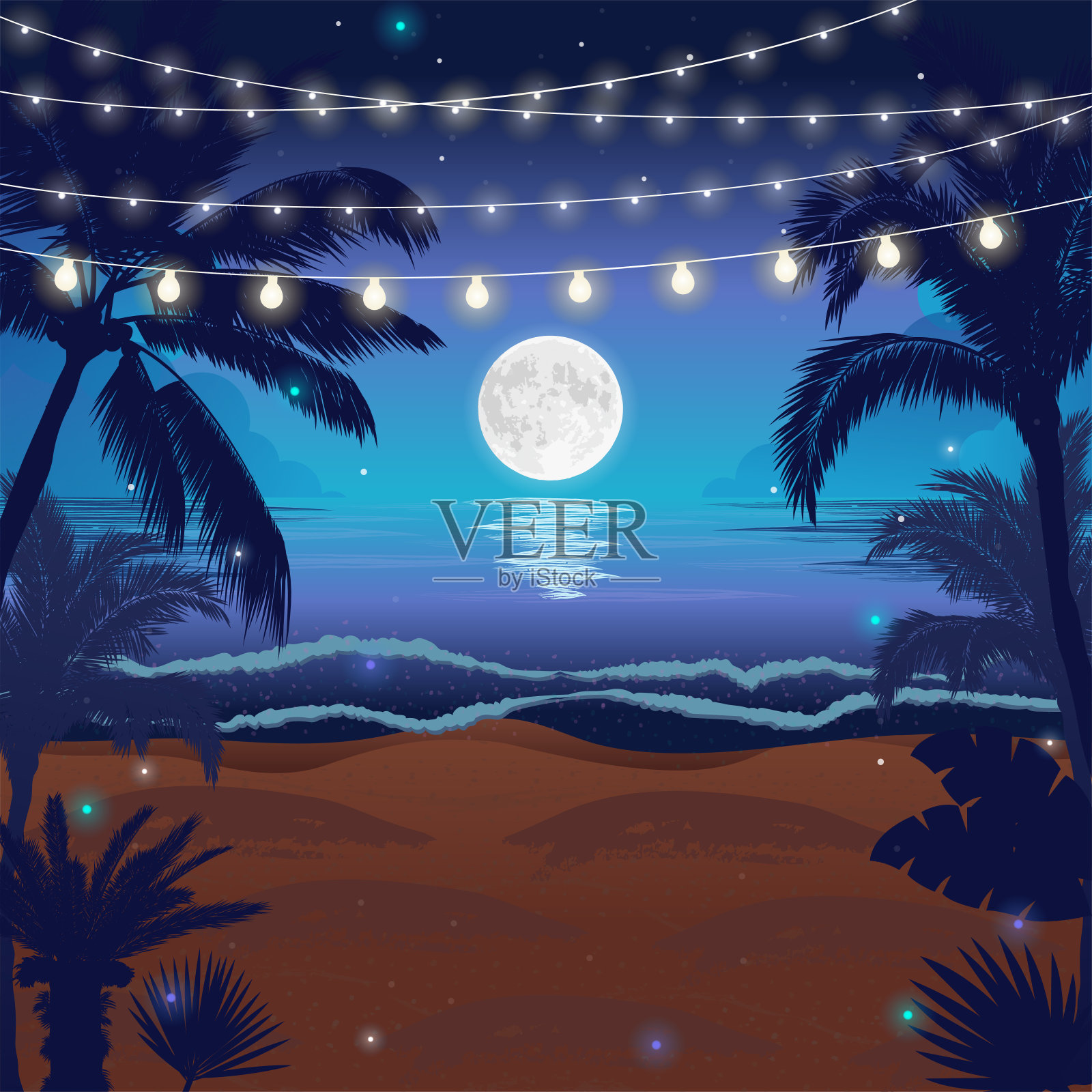 浪漫的夜晚海滩场景满月，棕榈树和悬挂的派对灯，矢量插图插画图片素材