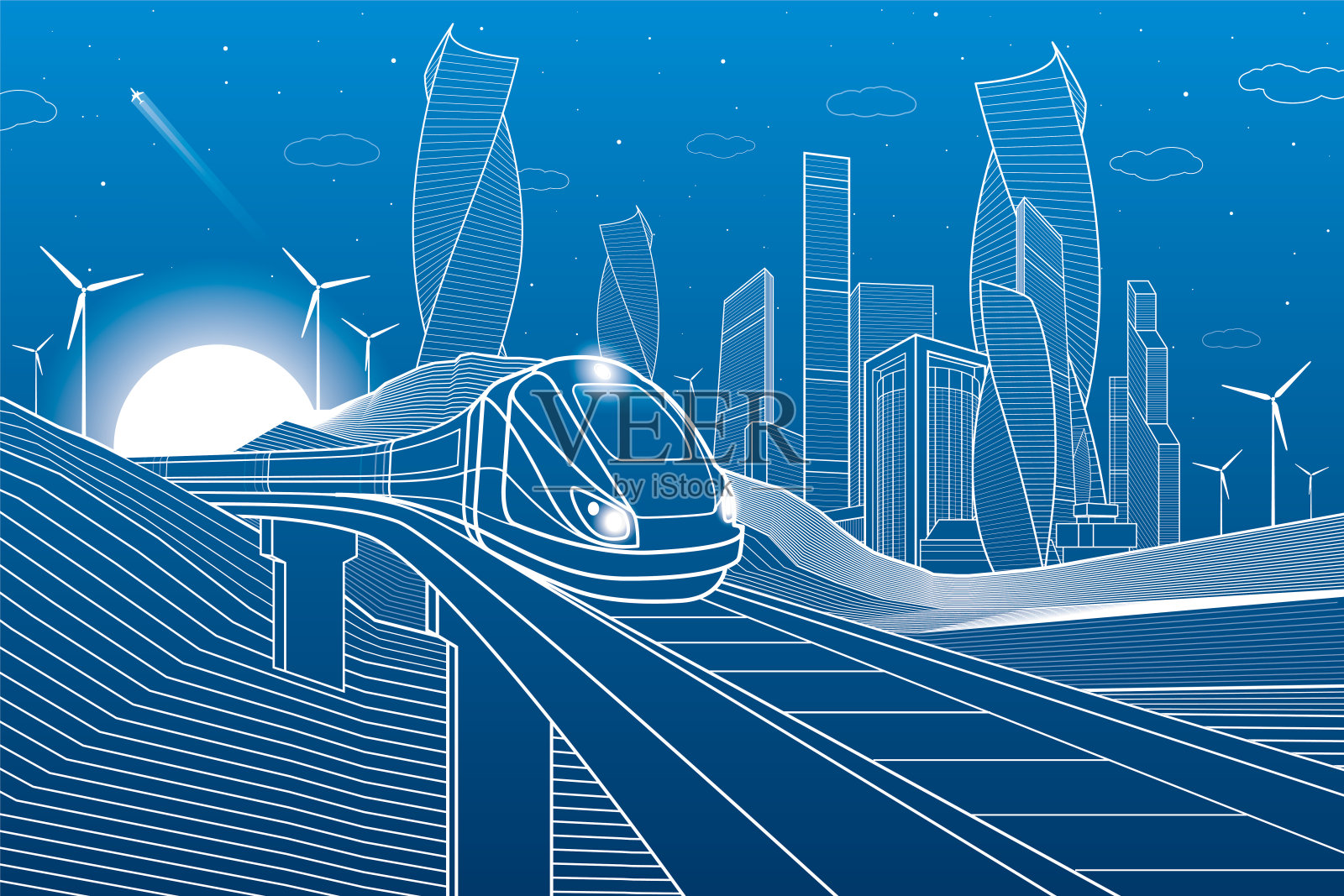 火车在山中的铁路桥上行驶。高楼大厦、现代城市、商业建筑。夜景。蓝色背景上的白线。风车的力量。矢量设计艺术插画图片素材